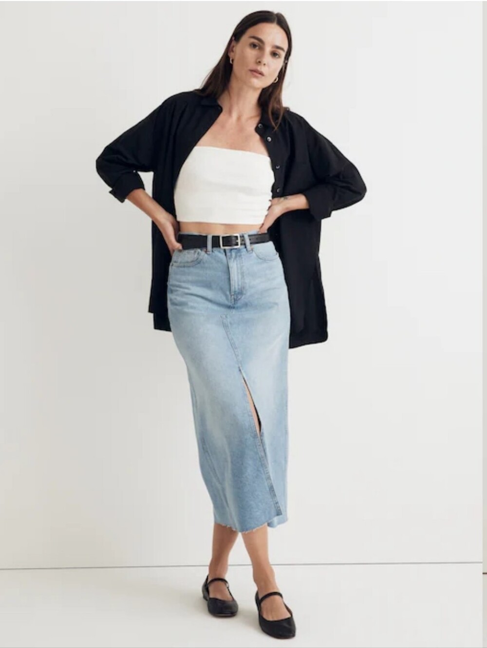 Madewell Merrimon Light Wash Denim Midi Skirt Front Slit 90's Raw Distressed Bot